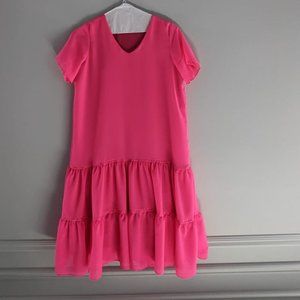 Pink Crinkle Short Sleeve V-Neck Mini Dress With Ruffled Hem